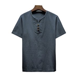 Ensemble t-shirt et short en coton uni pour homme, décontracté, respirant, pour l'été, col Henry, tissu tissé - Product Image 3
