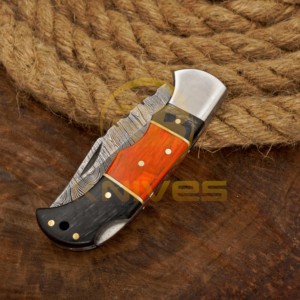 Cuchillo de Acero de Damasco con Punta Caída, Mango de Madera, Bolster de Latón, Cuchillo de Camping Plegable de 7 Pulgadas - Product Image 5