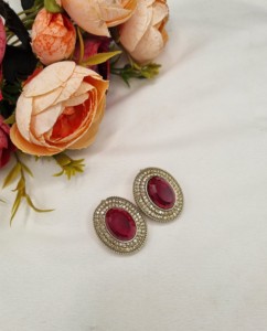 Designer Oval Stone <b>Crystal</b> <b>Stud</b> <b>Earrings</b> Ethnic Antique Gold Plated Fashion Indo Western Party Wear Jewelry For Women Wholesale - Product Image 4
