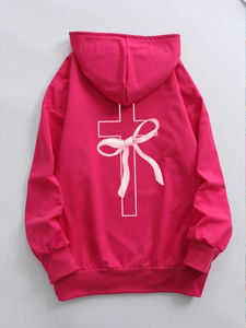 Custom Women Hoodies Hot Pink Oversized Cotton Fleece <b>Drop</b> Shoulder Bow Cross <b>Back</b> Graphic Pullover Private Label Factory Direct - Product Image 2
