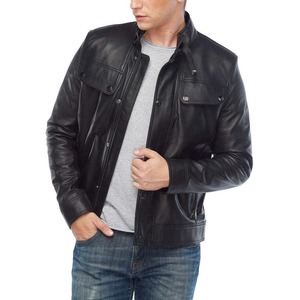 Chaqueta de Motociclista de Cuero Negra para Hombre, Cuello Alto, Cierre de Botones, Corte Ajustado, para Otoño, Largo Regular, Color Sólido - Product Image 2