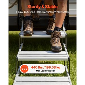 440 Lbs Load Capacity Manual Retractable 3-<b>Step</b> RV Stairs Telescopic Folding Aluminum Alloy Camper Exterior Accessories RVs - Product Image 3