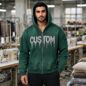 Sweat à capuche unisexe personnalisé surdimensionné avec strass, effet vieilli, style streetwear, en molleton de coton épais, entièrement zippé, pour l'hiver - Product Image 2