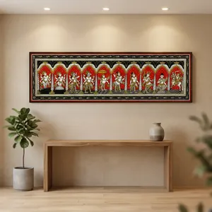 Peinture murale rectangulaire artisanale traditionnelle SriKrishna Dashavatara - Origine Orissa - Décoration suspendue pour salon intérieur - Product Image 1