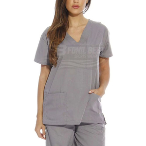 Blusa Médica Gris para Mujer, Cuello en V, Mezcla de Algodón, Tejido de Punto, con Dos Bolsillos, Uso Hospitalario, Diseño Personalizado, Servicio OEM - Product Image 1