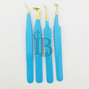 <b>Top</b> Trend Eyelash Tweezers Blue Color Golden Tip Mink Eyelash Extension Volume Tweezers Stainless Steel Russian Volume - Product Image 2