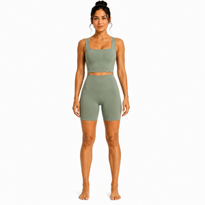 Women Casual Square Neck Yoga Set <b>High</b> Waist Pocket Biker Shorts Fitness Gym Workout Activewear Set Polyester/Cotton Summer - Product Image 3