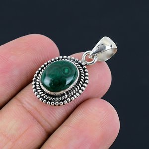 Pendentifs en argent sterling 925 avec pierre précieuse malachite, accessoires, malachite verte fine, pendentif rond en argent sterling 925 - Product Image 1