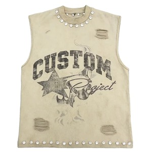 Custom Screen Print <b>Distressed</b> Rhinestone Tank <b>Top</b> 100% Cotton Premium Streetwear Sleeveless T Shirt Unisex OEM Wholesale - Product Image 1