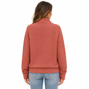 Women’s <b>Quilted</b> Pullover <b>Sweatshirt</b> High Neck Long Sleeve Diagonal Button Detail Textured Casual Top Round Neck <b>Sweatshirt</b> - Product Image 3