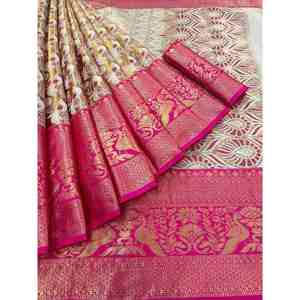 Sari en soie Zari avec travail de tissage traditionnel Kanjivaram, avec blouse non cousue, rose - Product Image 1