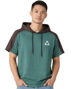 <b>Men</b> Short Sleeve Hoodie T <b>Shirt</b> Green <b>Brown</b> Color Block Casual Pullover Hooded Top With Logo Soft Cotton Blend Summer Wear - Product Image 1
