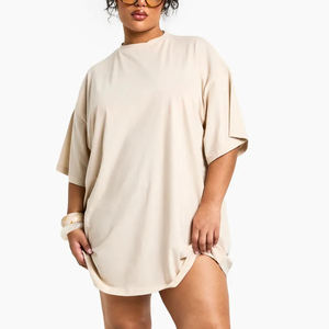 Customized Women's Oversized Crew Neck T-<b>Shirt</b> Beige Short Sleeve Loose Fit 100% Cotton Jersey <b>Flame</b> Logo Print All Seasons - Product Image 5