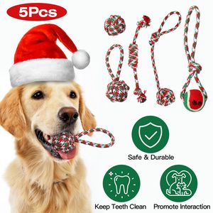 Lot de 5 jouets interactifs de Noël pour chiens, en corde, pour mâcher, pour chiots de petite et moyenne taille, jouets d'entraînement et de dentition, pour mâcheurs agressifs, ensemble de jouets à mâcher pour animaux de compagnie - Product Image 1
