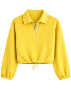 เสื้อฮู้ดครอปซิป ¼ ตัวสำหรับผู้หญิง สีเหลืองแบบกำหนดเอง ผ้าฟลีซแบบสวมหัว มีเชือกผูกชายเสื้อ ผ้าฝ้ายผสมโพลีเอสเตอร์เนื้อนุ่ม เหมาะสำหรับฤดูหนาว - Product Image 1