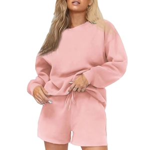 Conjunto Deportivo Verde para Mujer, Sudadera de Manga Larga con Cuello Redondo y Pantalones Cortos con Cordón y Bolsillos Laterales, Corte Holgado Informal para Primavera - Product Image 2
