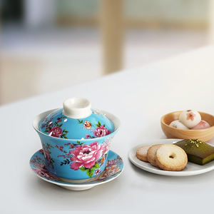 Tasse à thé chinoise en céramique Gaiwan bleue à fleurs colorées avec couvercle et soucoupe - Product Image 4