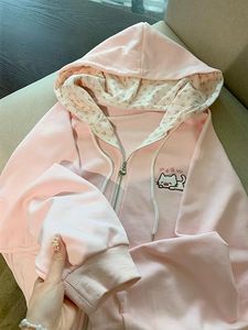 Sudadera con Capucha Rosa Adorable con Gráficos, Detalle de Gato, Corte Regular, Bordado Digital, 100% Algodón Felpa, Estilo Casual Urbano - Product Image 6