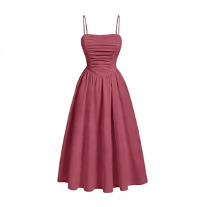 Robe midi trapèze pour femme, décontractée, d'été, tissée, couleur unie, ajustée, froncée, à ourlet évasé, sans manches - Product Image 6