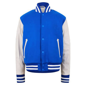 Men Blue Varsity <b>Jacket</b> With Cream Sleeves Regular Fit Turn-Down Collar Single Breasted Button Closure Solid Color Casual Style - Product Image 4