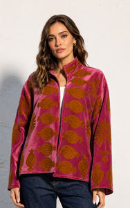Pink Suzani Embroidered Knitted Velvet <b>Quilted</b> Reversible Bomber Jacket Vintage Hippie Style Autumn <b>Winter</b> Breathable 100% - Product Image 1