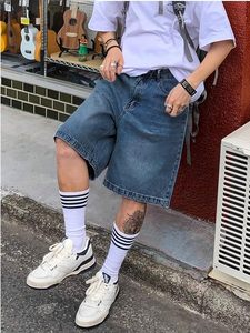 <b>Men's</b> High Waist Denim Shorts Straight Leg Light Wash Cotton Streetwear Knitted Casual Summer Wear with Pockets - Product Image 4