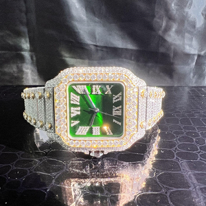 Montre automatique de luxe pour homme, cadran vert glacé, chiffres romains carrés, accents dorés, entièrement sertie de diamants, style hip-hop, bijoux de luxe - Product Image 2
