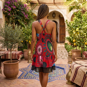 New Design Ladies Printed Woven Cotton V-neck Sleeveless Boho Casual Sweet Vintage <b>Elastic</b> Waist Eco-Friendly Knee-Length Fitted - Product Image 2
