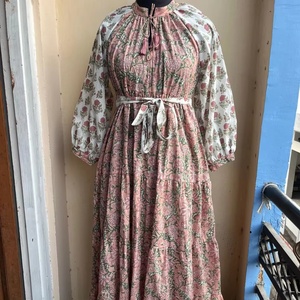 Hand Block Printed 100% Cotton Women's <b>Plus</b> <b>Size</b> Round Neck Long Sleeve Maxi Dress Cotton Mixed Colors Summer Wear Long Dress - Product Image 1