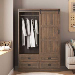 Armadio Alto per Camera da Letto con Asta Appendiabiti, Ante Scorrevoli, Cassetti e Ripiani Aperti per Conservazione Vestiti - Product Image 3