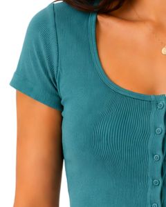 Top Corto de Punto Acanalado Verde Azulado para Mujer, Manga Corta, Cierre de Botones Frontales, Corte Ajustado, Cuello Cuadrado, Blusa Informal de Verano de Algodón - Product Image 3