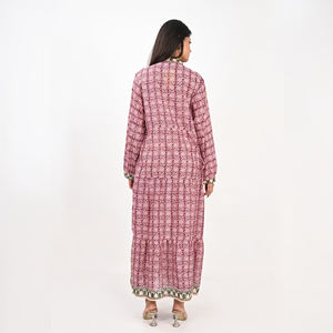 Robe pour femmes à imprimé floral en coton, col en V, manches longues, décontractée, mode estivale, taille ajustable, style bohème, robe tendance pour femmes - Product Image 4