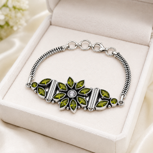 Hot Selling Women's Brass Oxidized Silver Antique Silver Plated <b>Beaded</b> <b>Bracelet</b> Quartz Green Gemstone Vintage Floral Design - Product Image 6