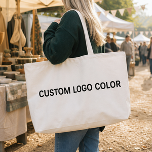 Eco Friendly Custom Embroidery Logo Oversized Medium Cotton Canvas Shoulder <b>Tote</b> <b>Bag</b> with Zipper and Buttons - Product Image 4