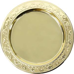 Plato de Presentación Redondo Dorado con Borde Floral en Relieve, Diseño Clásico, Vajilla Metálica, Bandeja Decorativa Resistente para Fiestas - Product Image 1