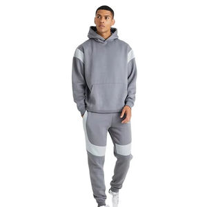 Ensemble de survêtement décontracté pour homme en coton gris uni coupe-vent à capuche et manches longues avec poches latérales pour l'automne - Product Image 1