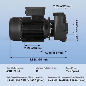 Pompa per Vasca Idromassaggio SPA a 2 Velocità, 48-Frames, AC 110-120V, 1.5HP Alta Velocità (42.65ft) e 0.46HP Bassa Velocità (9.18ft), 150GPM/70GPM - Product Image 6