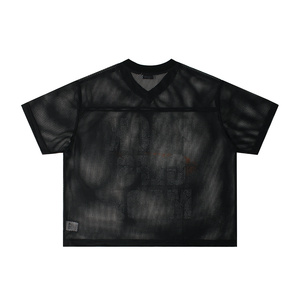 T-shirt court col en V streetwear 260g en maille ajourée coupe ample imprimé à manches courtes pour homme – Vente en gros - Product Image 3