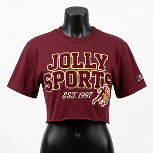 Women 180 GSM Heavy Cotton Crop <b>Top</b> T Shirt Chenille Applique Embroidery Custom Logo <b>Maroon</b> Crop <b>Top</b> T Shirt - Product Image 5