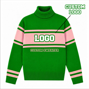 Suéter Verde de Cuello Alto para Mujer, con Rayas Rosas, Logotipo Personalizado, Tejido, Informal, para Otoño - Product Image 3
