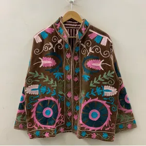 Chaqueta de Terciopelo Marrón Hecha a Mano de Primera Calidad para Mujer, Estilo Étnico Bohemio, Cárdigan Abrigado para Invierno, Chaqueta Corta de Manga Larga con Frente Abierto - Product Image 1