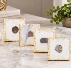 Posavasos cuadrado de mármol de lujo de latón AK, juego de mármol blanco y dorado de 4, mármol de diseño Premium para utensilios de cocina/Decoración de mesa con acento - Product Image 1