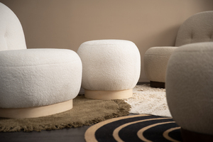 Modern Cream White Fabric <b>Pouf</b> Ottoman with Malaysian Oak Legs Mid Century Minimalist Footstool Living Room - Product Image 3