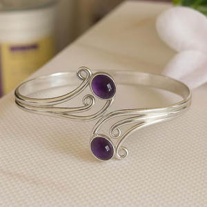 Sterling Silver Wave Bangle-Double Stone Adjustable Swirl Cuff-Elegant Handmade Artisan Jewelry Women Rhodium Plated IGI - Product Image 2