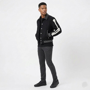 Veste universitaire noire pour homme avec broderie squelette blanc sur les manches, col rabattu, tenue décontractée pour l'automne - Product Image 4