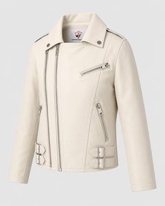 Unisex White PU Leather <b>Biker</b> <b>Jacket</b> Asymmetric Zip Lapel Collar Side Buckle Fashion Outerwear for Casual Streetwear - Product Image 5