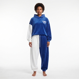 Conjunto de chándal de terciopelo para mujer con contraste, corte relajado, hombros caídos, sudadera de manga larga y pantalón con puños acanalados y cordón ajustable - Product Image 3