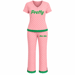 Alfa Griega al por Mayor |   Kapa |   Conjunto de Pijama de Dos Piezas con Encaje y Estampado de Lunares para Mujer, Ropa de Dormir Alpha Sorority - Product Image 5
