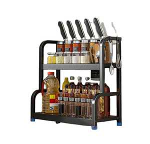 Eco Friendly Bamboo Spice <b>Rack</b> 2 Tier <b>Kitchen</b> Countertop <b>Storage</b> Organizer Shelf with Slim Square Glass Jars - Product Image 3