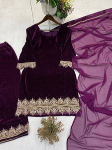 Ensemble Kurti et Palazzo en velours brodé de sequins avec dupatta en Georgette – Tenue de fête ethnique de luxe entièrement cousue - Product Image 6